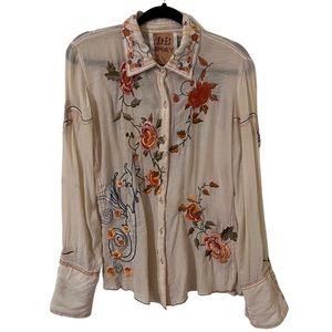 Paparazzi DB Sport Medium Western Boho Embroidered Floral Button Up Shirt Top